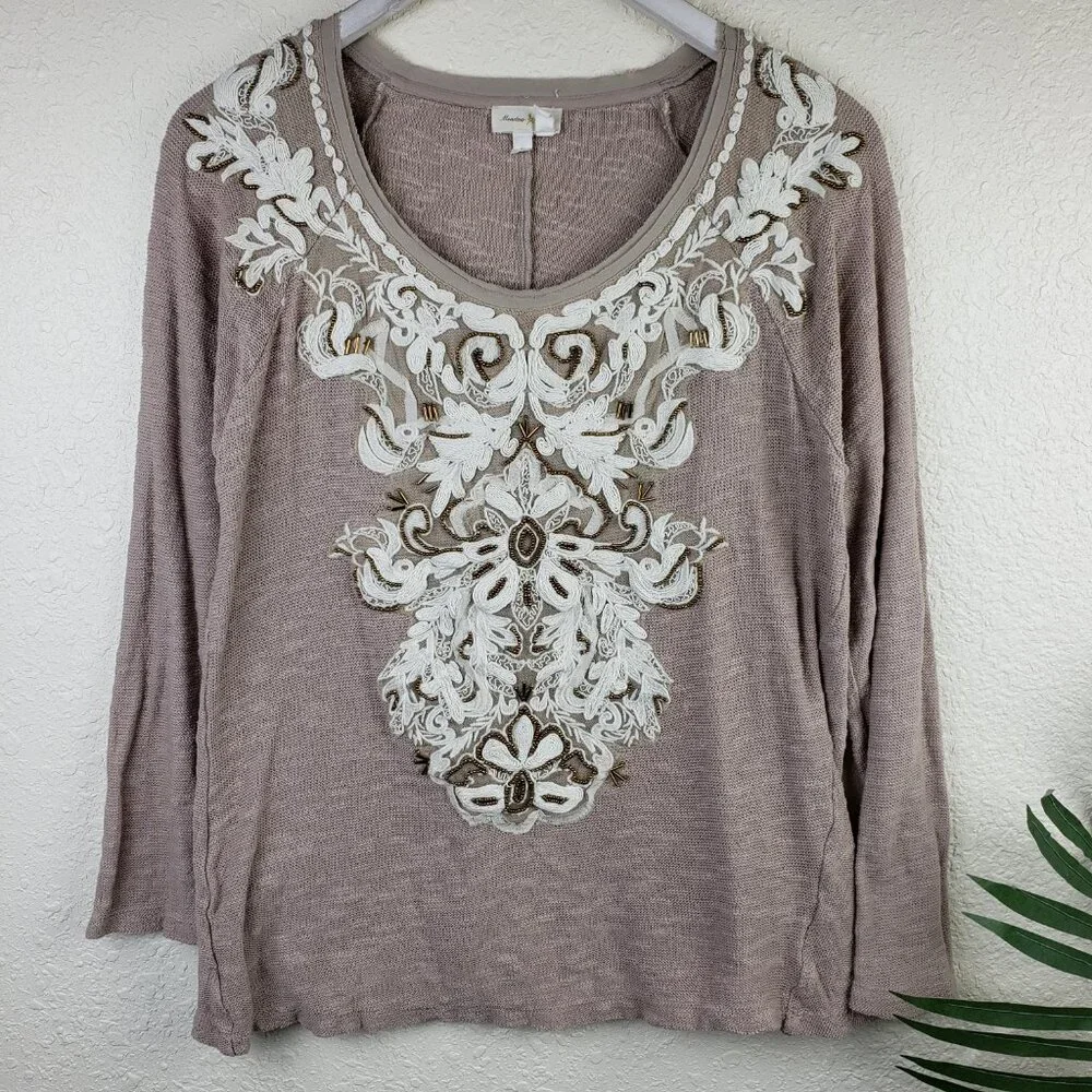 Anthropologie Meadow Rue Top Long Sleeve Boho Victorian Embroidered Beaded sz M